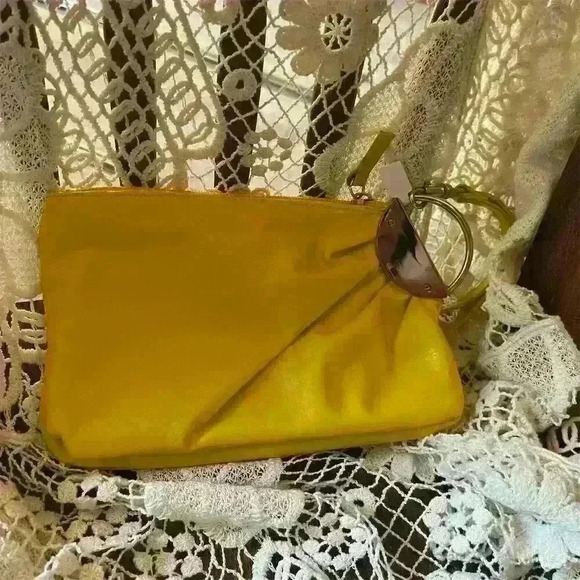 Unbranded Handbags - Yellow Faux Leather Wristlet Clutch Bag with Metal Ring Accent
